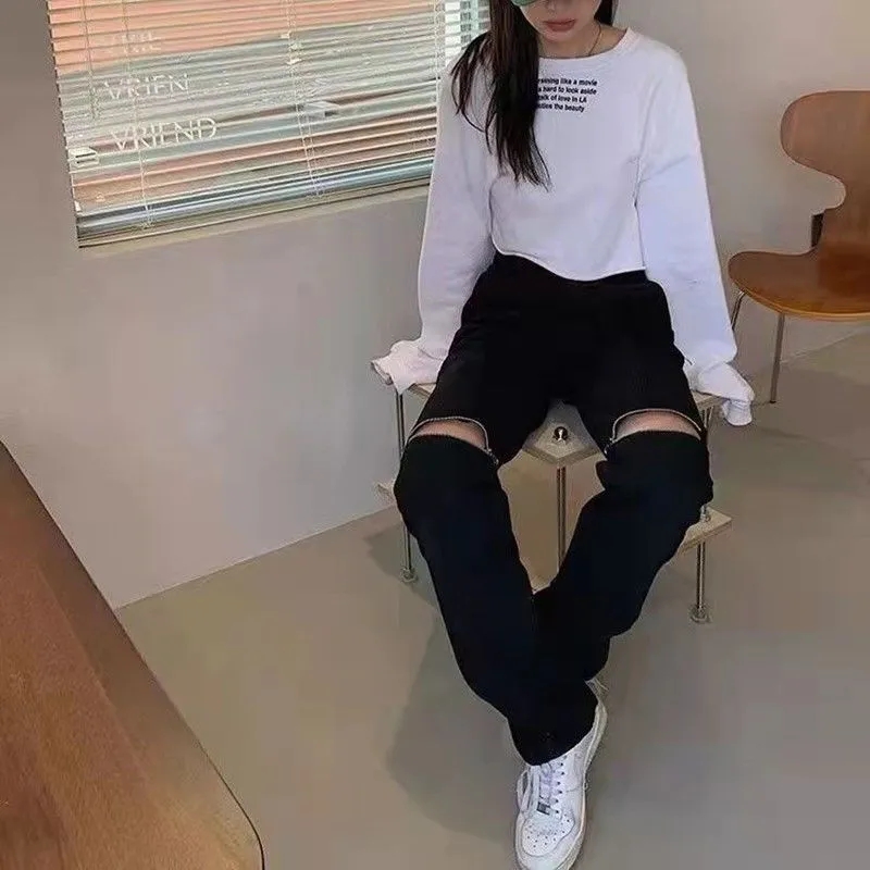 歐美vibe風高街復古破洞拉鏈牛仔褲設計感小眾寬鬆潮流炸街褲子女