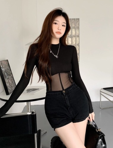 A large number of mesh splicing pure desire long-sleeved T-shirt autumn elastic tight short top design bottoming shirt for women