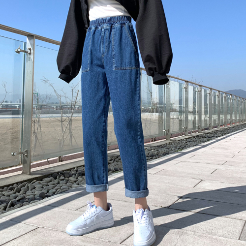 Real shot of jeans women's straight loose spring wear 2024 college style carrot harem pants slimming dad pants