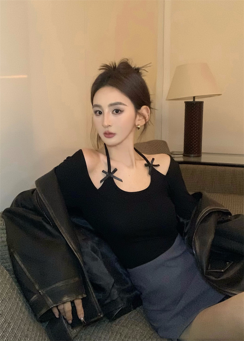 實拍  法式芭蕾少女假兩件蝴蝶結掛脖綁帶修身T恤上衣