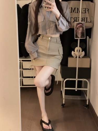Actual shot Spring style ~ hot girl lace-up design skirt high waist slimming hip skirt anti-exposure short skirt