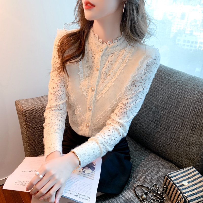 2024 long-sleeved chiffon shirt, temperament half turtleneck lace bottoming shirt for women, spring thin, foreign style inner top