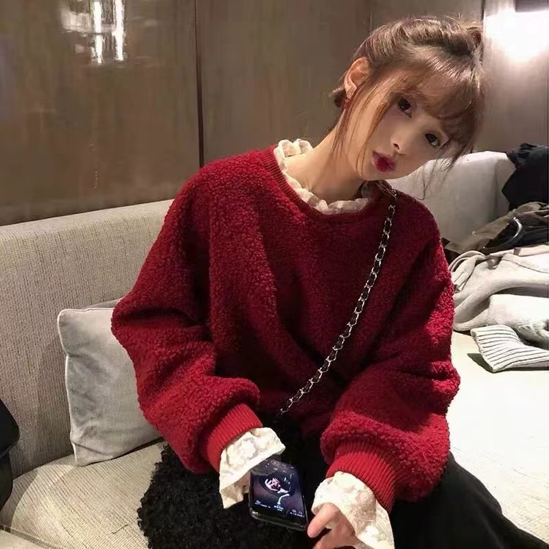 Lambswool composite silver fox velvet official red round neck pullover loose lambswool thickened sweatshirt for women