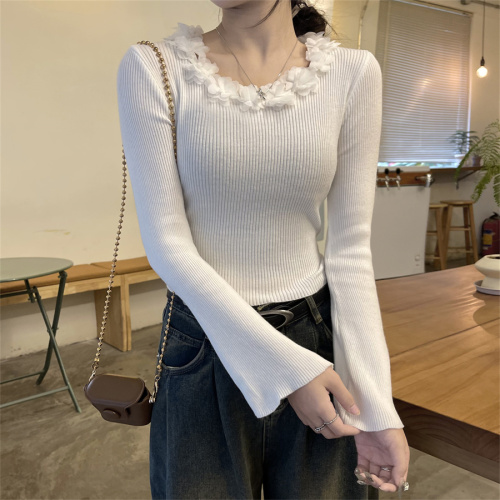 Real shot of pure lust style three-dimensional lace sweater for women, spring slim-fit sweater, temperament short top