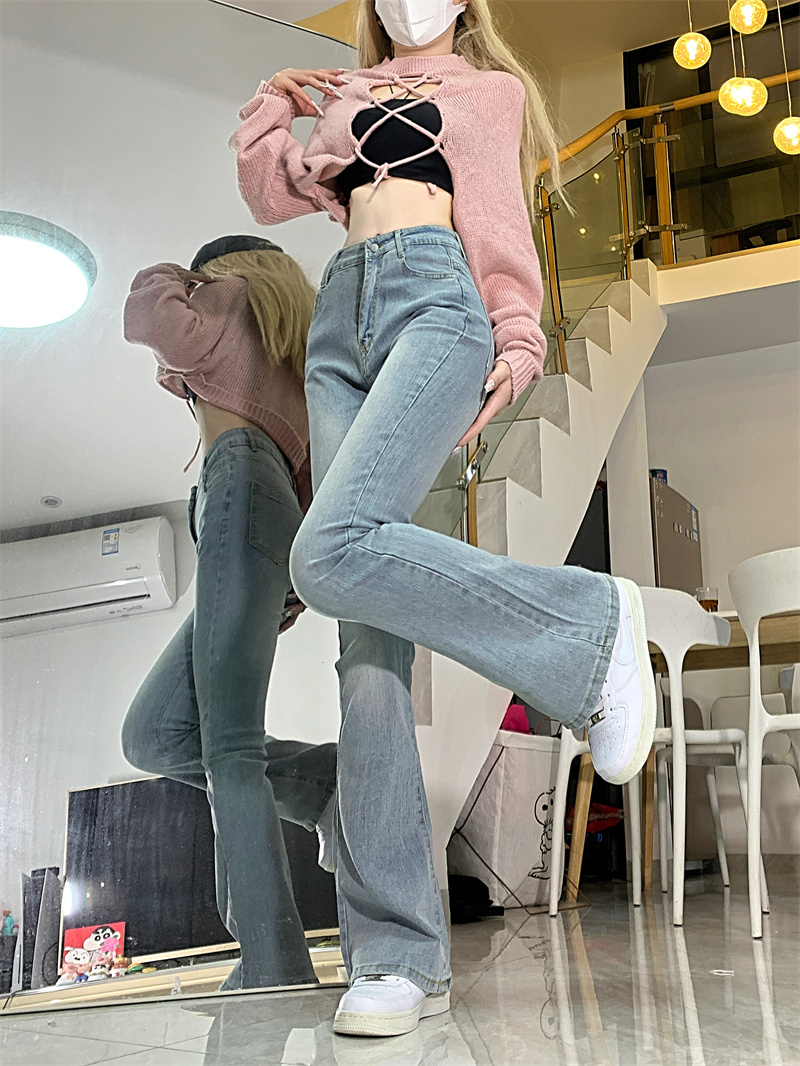 Real shot~Light blue high-waist micro-flare design jeans for women, spring slim fit and versatile trousers for small people
