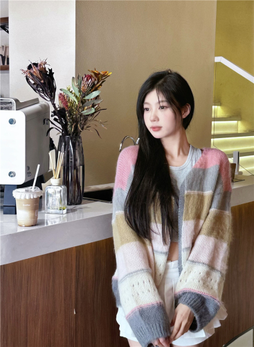 Real shot~~Lazy style colorful striped knitted jacket loose cardigan sweater~