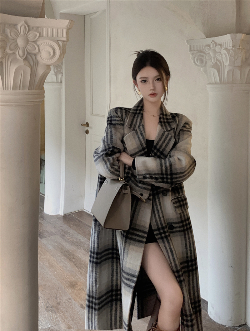 實拍秋冬復古格子英倫風長款加棉毛呢大衣外套女