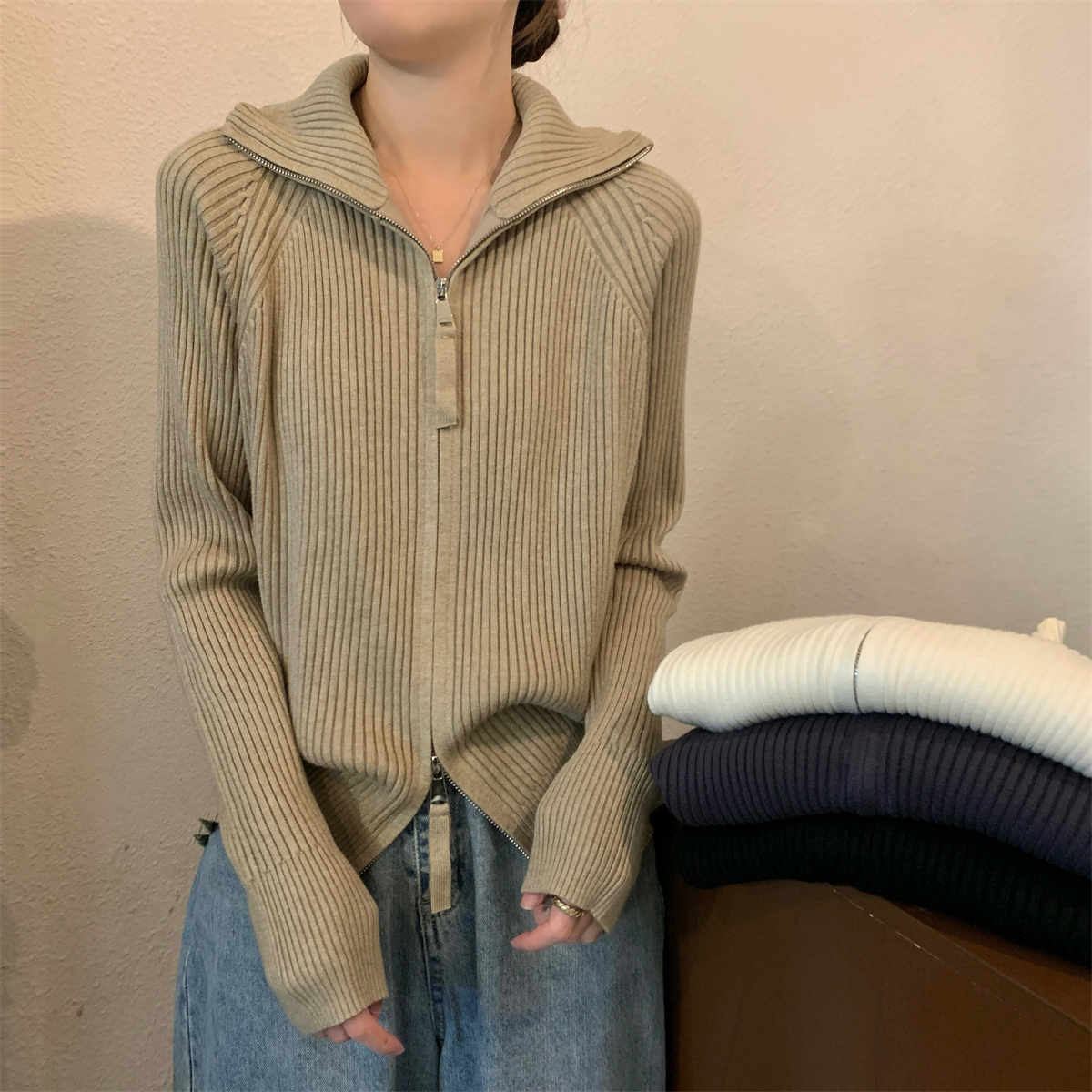實拍 秋冬韓版寬鬆百搭高領插肩雙拉鏈安迪絨針織開衫外套女
