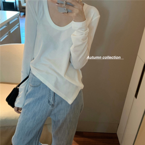 Irregular top slit with long sleeves spring and autumn hot girl pure lust style loose large size solid color women's T-shirt