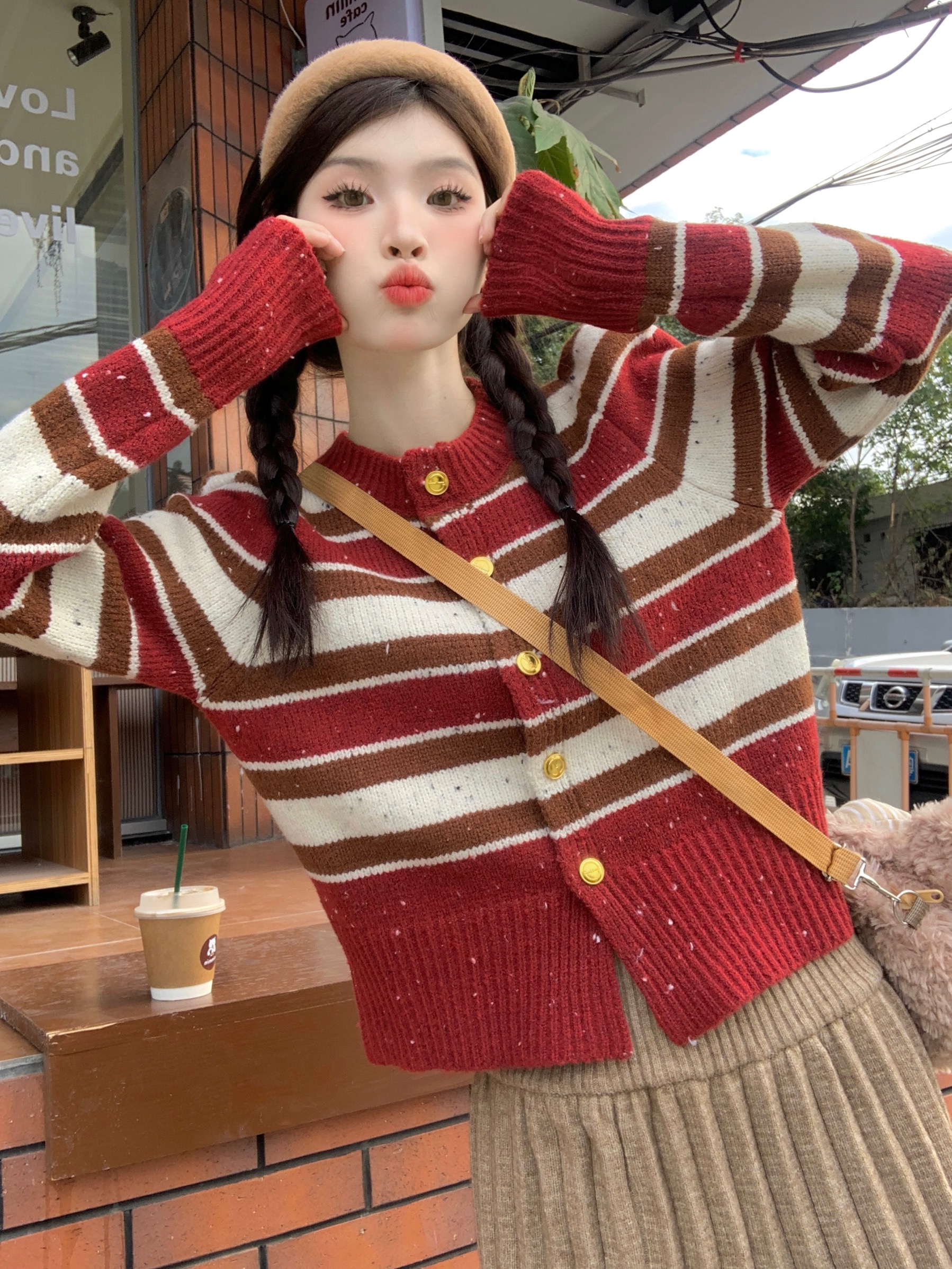 Actual shot of retro design, dyed chic knitted sweater, contrasting striped single-breasted cardigan