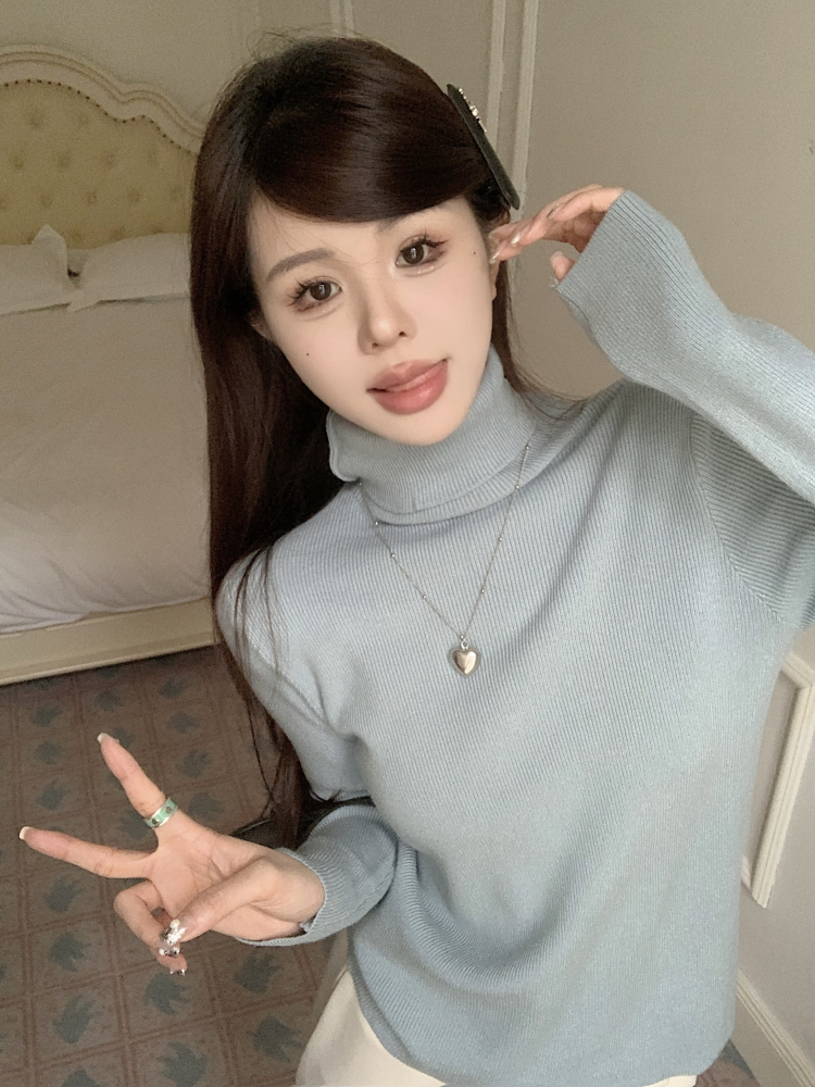 Actual shot of 9-color high-neck long-sleeved knitted bottoming shirt for women in winter, thickened and warm inner layer, slim fit top