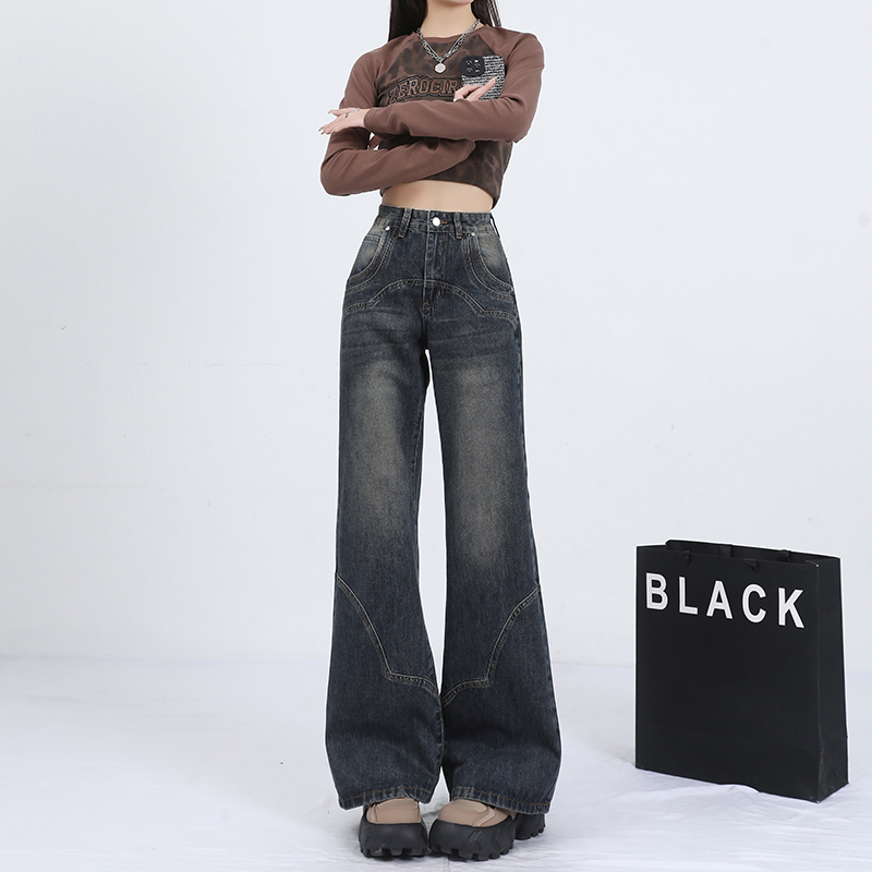 Real shot of high-waist micro-flared jeans for women 2024 spring American straight loose slimming and drapey floor-length pants
