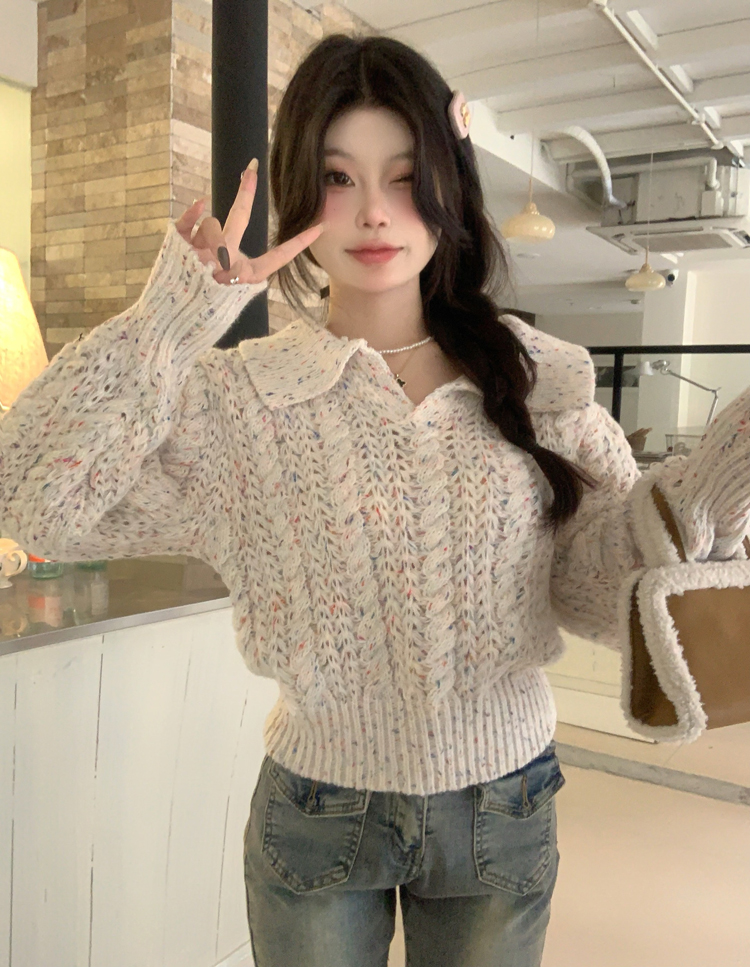 實拍 小個子短款娃娃臉彩點翻領針織衫上衣