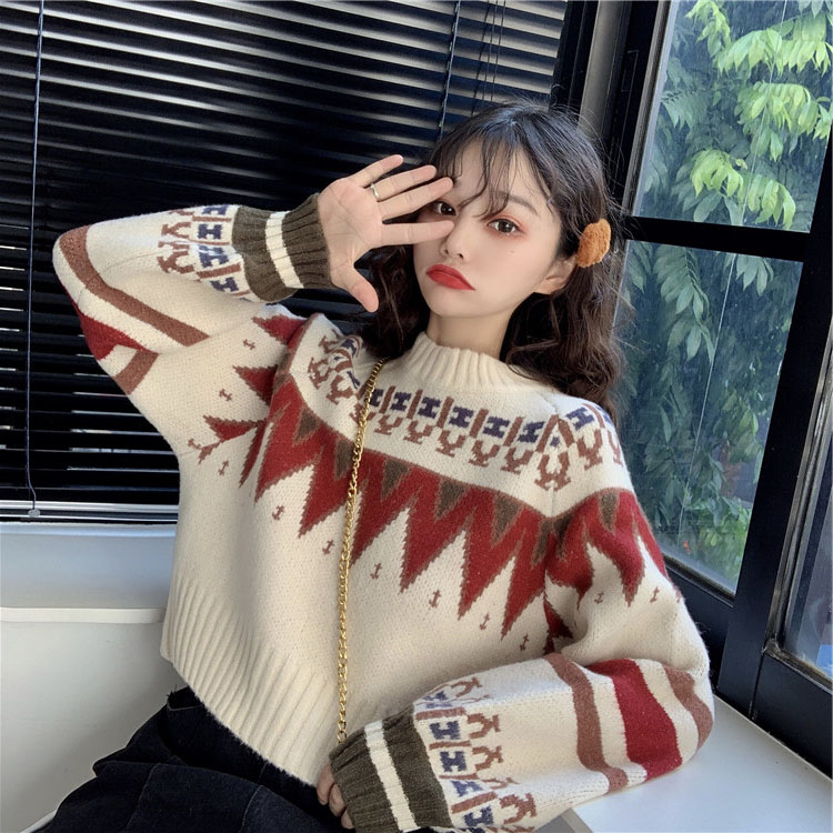 Lazy style contrasting color splicing outer sweater women's autumn and winter loose round neck atmospheric pullover sweater