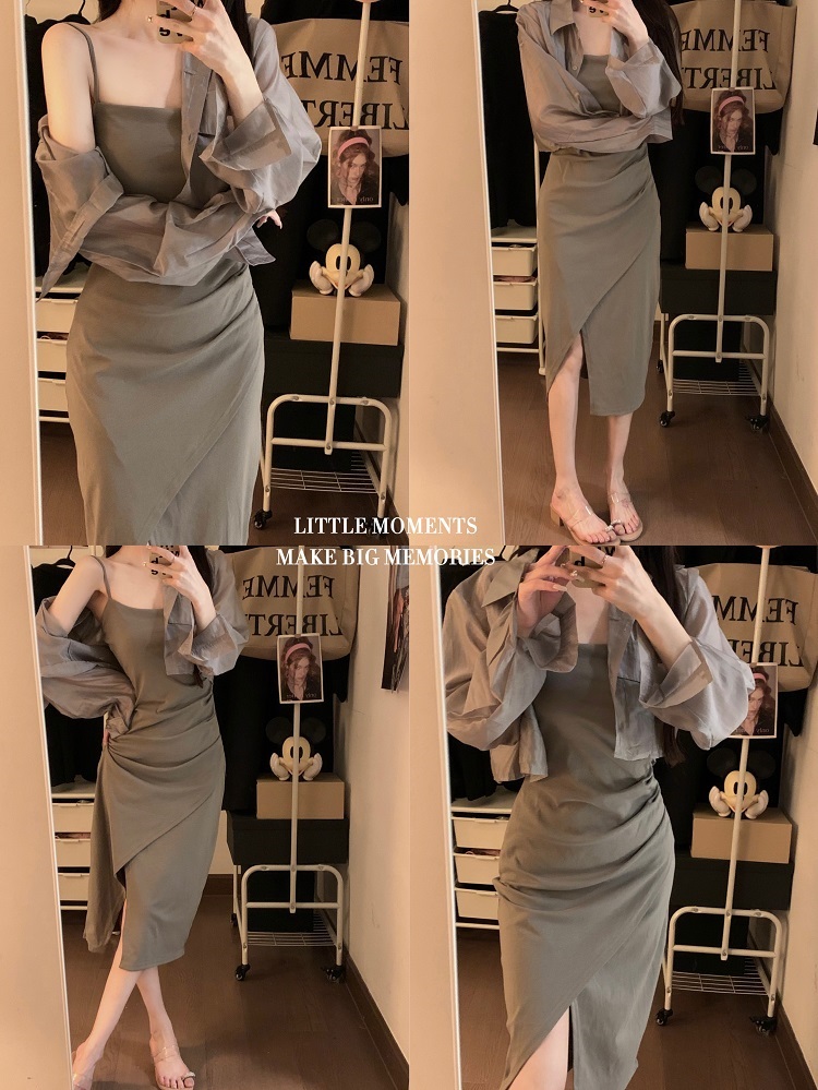 Actual shot Spring style~Sweet and spicy street casual two-piece set with slit, slim fit suspender dress, thin sun protection clothing