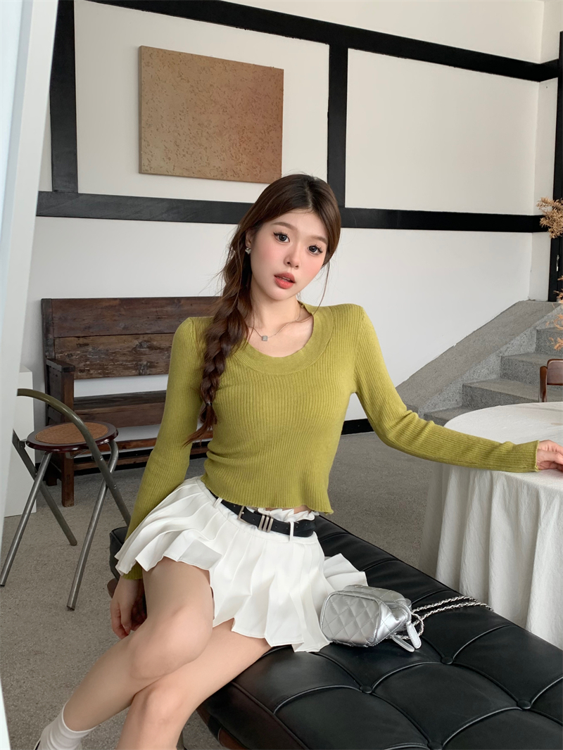 實拍 早秋新款辣妹針織彈力打底衫女短款緊身純色T恤內搭上衣