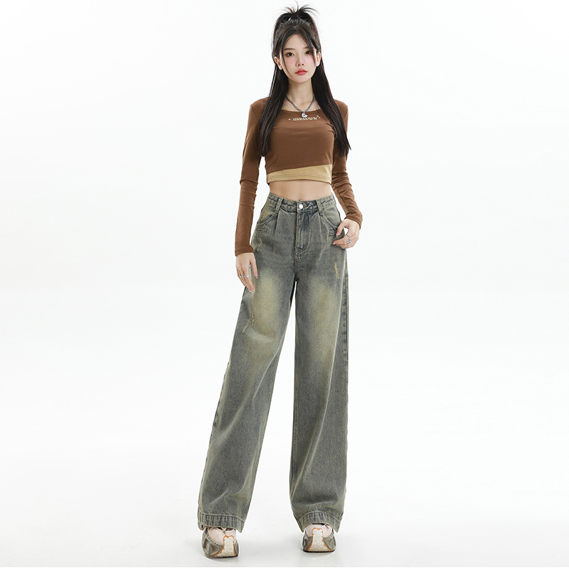 Real shot of washed distressed jeans for women, worn out 2024 spring new pants, loose trousers and casual pants