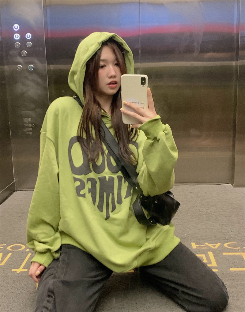 實拍美式復古百搭寬鬆慵懶風愛心子母連帽衛衣上衣