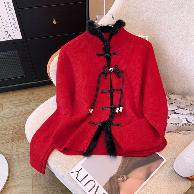 New Chinese style national style irregular plate button stand collar long-sleeved sweater for women 2024 spring new design knitted top