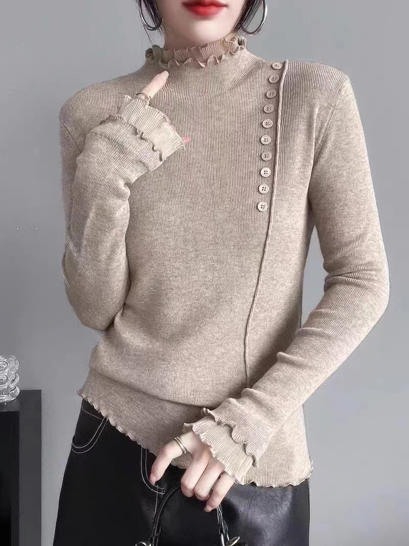 新款修身套頭側邊紐扣蕾絲拼接立領羊毛打底針織衫毛衣女