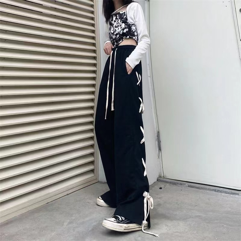 美式復古hiphop炸街褲女高街ins百搭潮綁帶闊腿褲直筒休閒運動褲