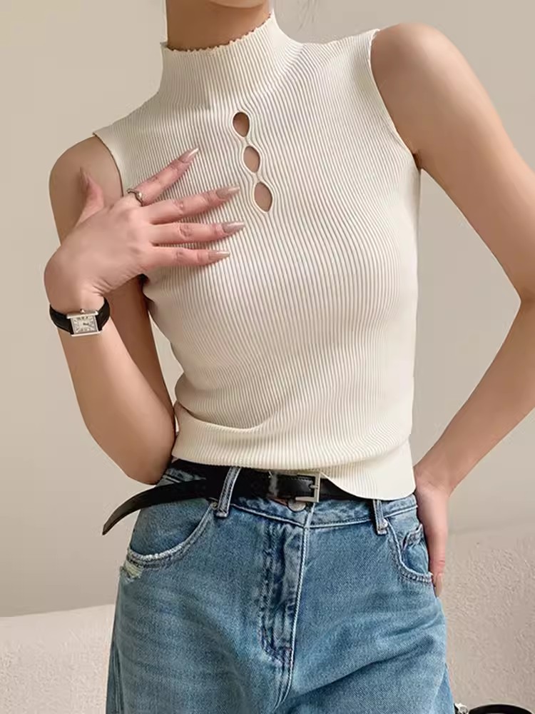 French niche design slim knitted top for women summer ice silk half high collar hole sleeveless bottoming elastic outer wear