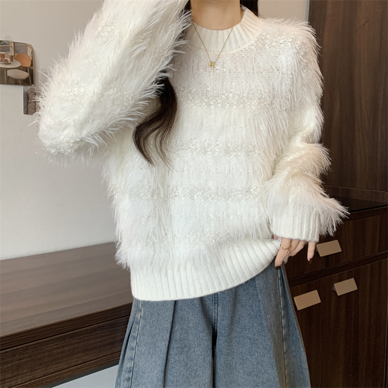 Actual shot of the new Korean style sweet and soft sweater for women, loose and slim imitation mink velvet knitted top