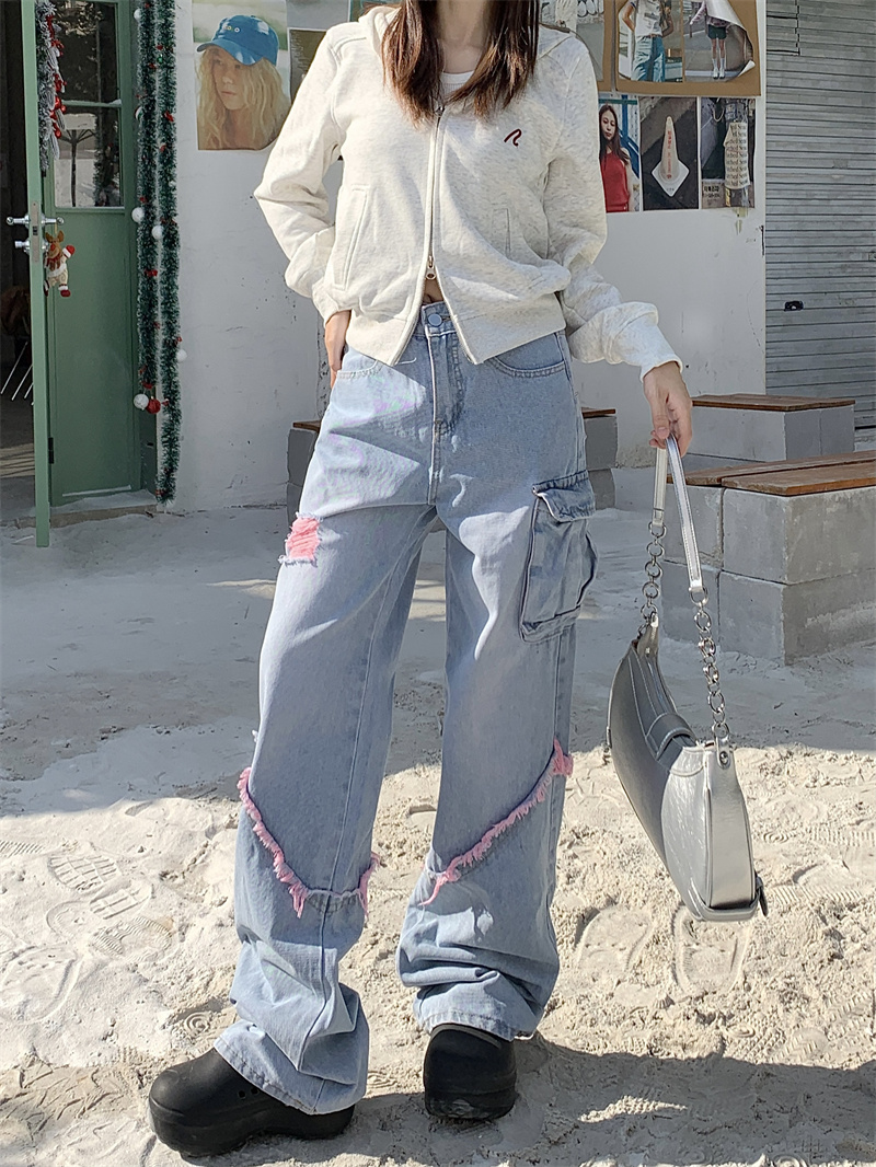 Real shot!  Distressed retro design high-waist work jeans for hot girls, loose slimming floor-length pants