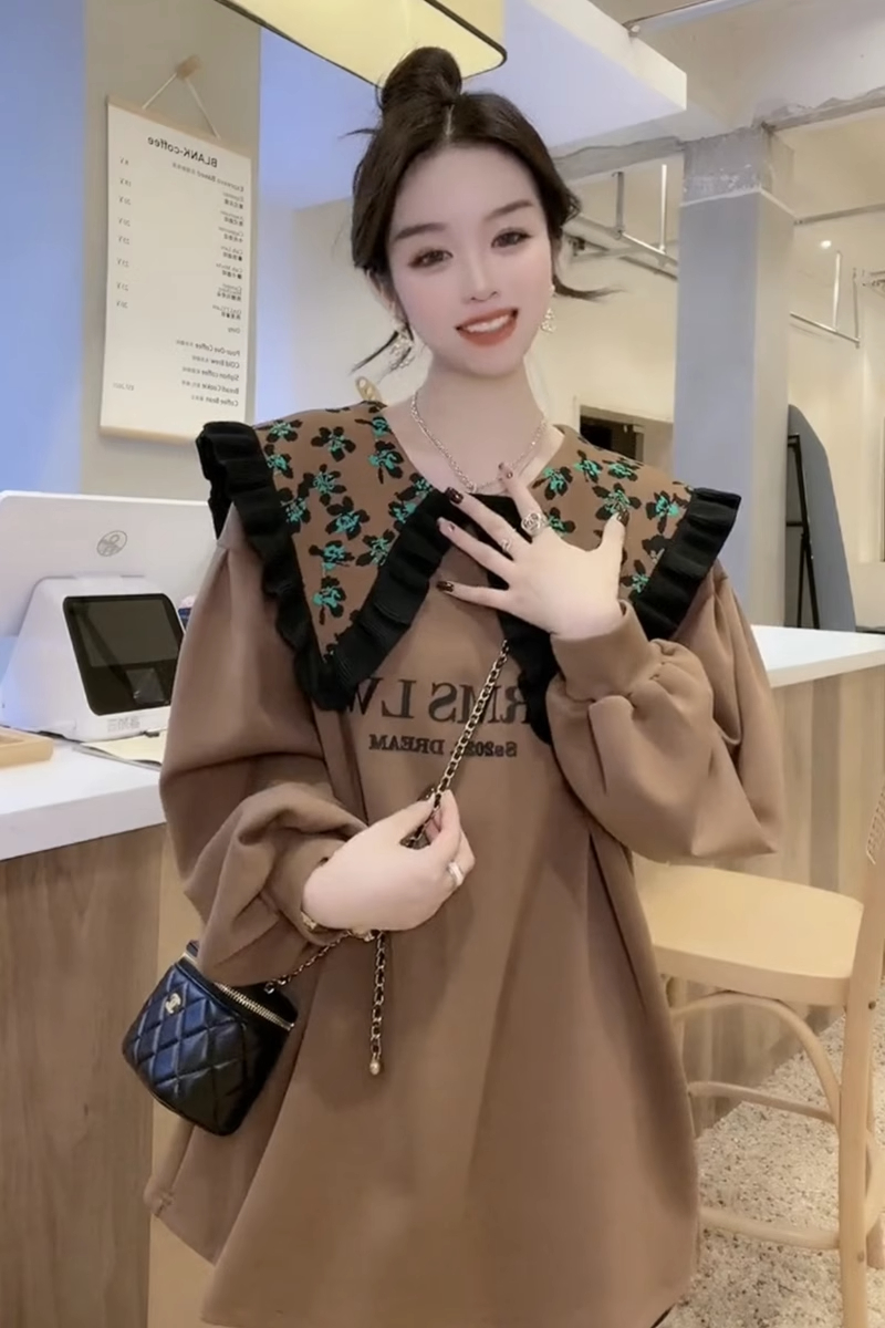 歐洲站時尚設計感重工寬鬆豹紋撞色娃娃領衛衣女洋氣百搭別致上衣