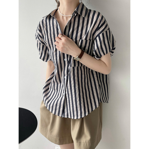 Real shot ~ 2024 spring and summer POLO collar short-sleeved simple loose trendy ins style striped off-shoulder sleeve shirt for women