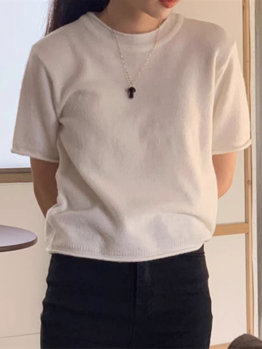 法式針織上衣短袖夏季2024年韓國白色卷邊別致圓領修身中袖t恤女