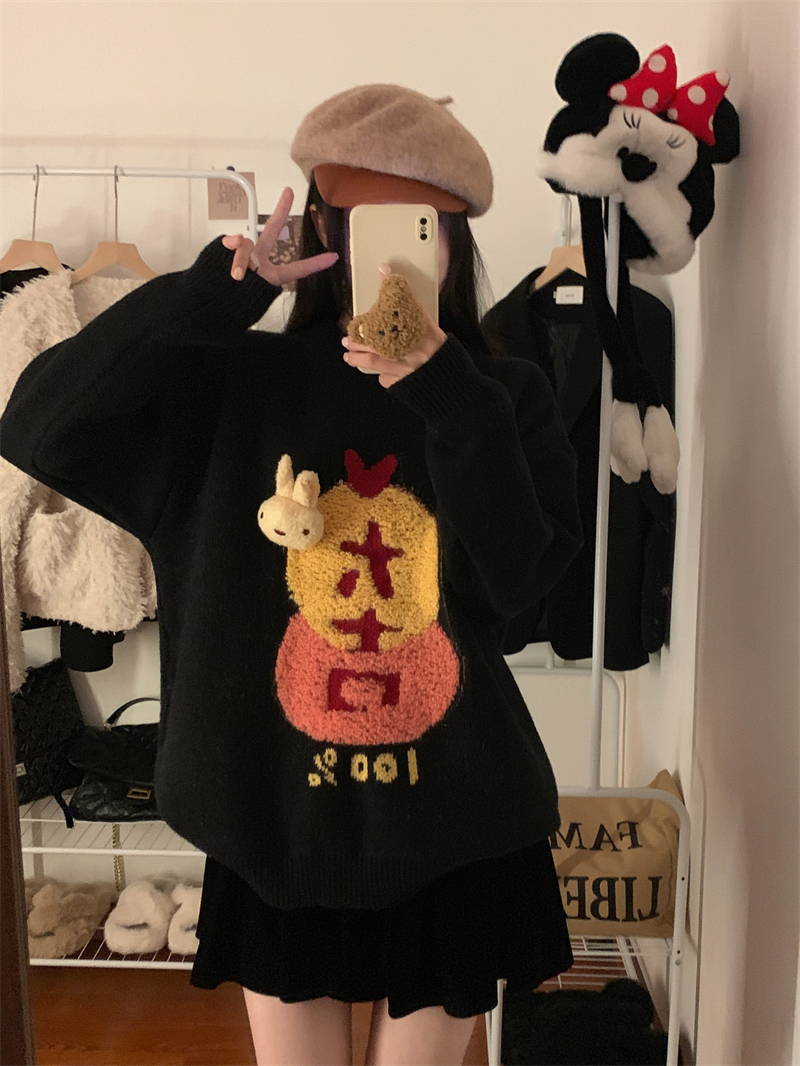 實拍 新年款寬鬆加厚圓領大吉刺繡立體毛衣卡通