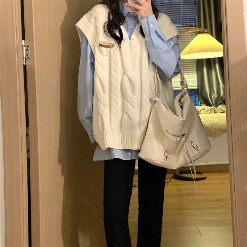 Retro V-neck knitted vest for women spring and autumn chic Korean style loose outer layering sleeveless sweater vest two-piece set