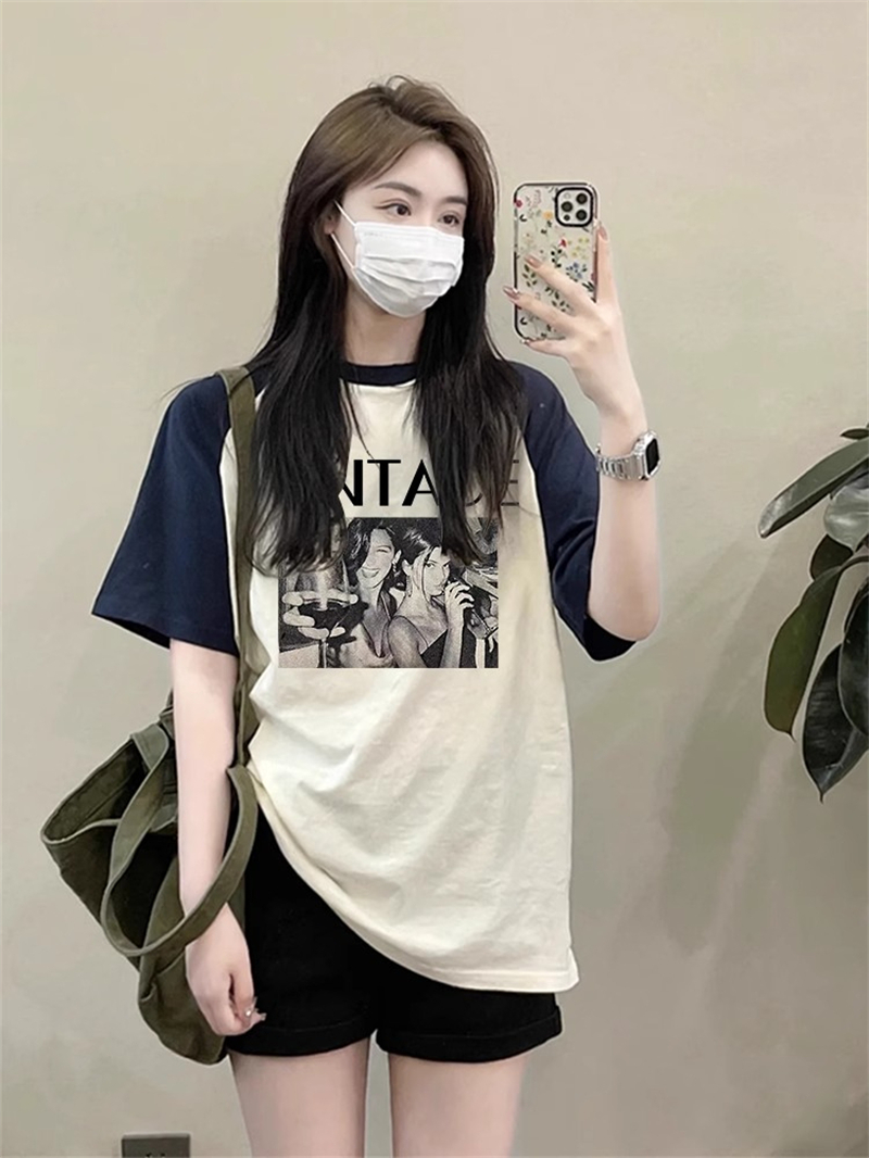 200克純棉精梳緊密港風復古寬鬆字母印花短袖T恤女
