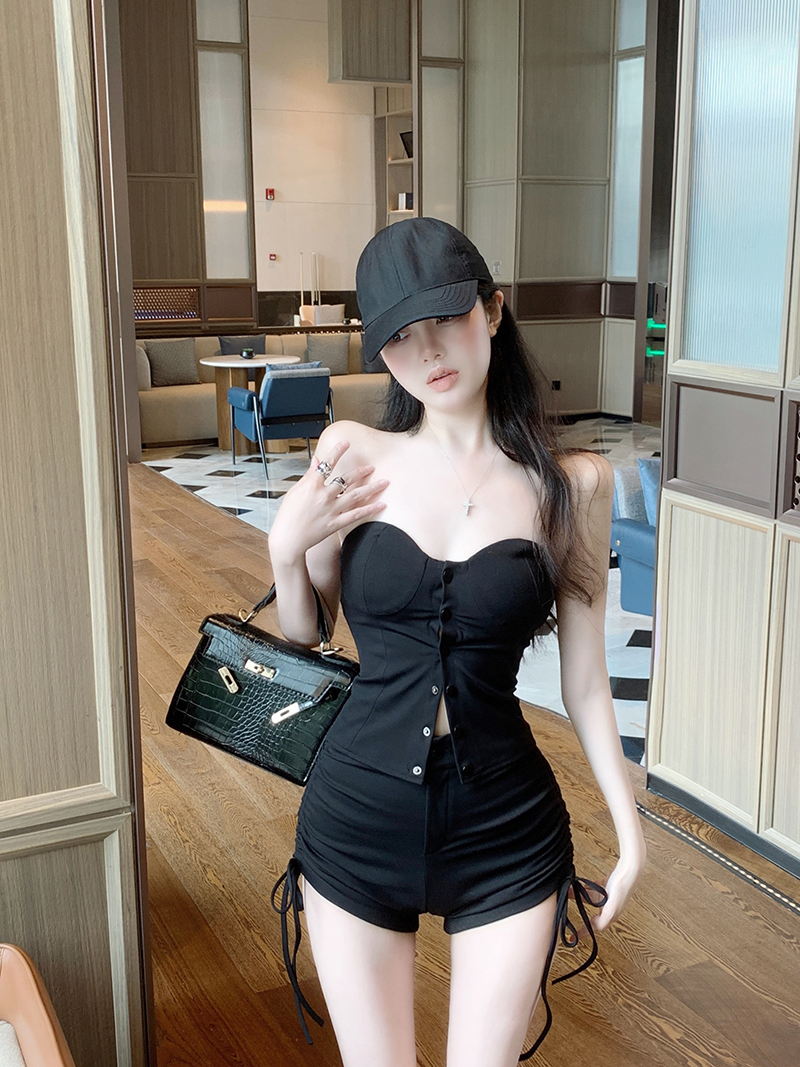 實拍 修身顯瘦單排扣抹胸收腰外穿上衣+高腰抽繩包臀辣妹熱褲