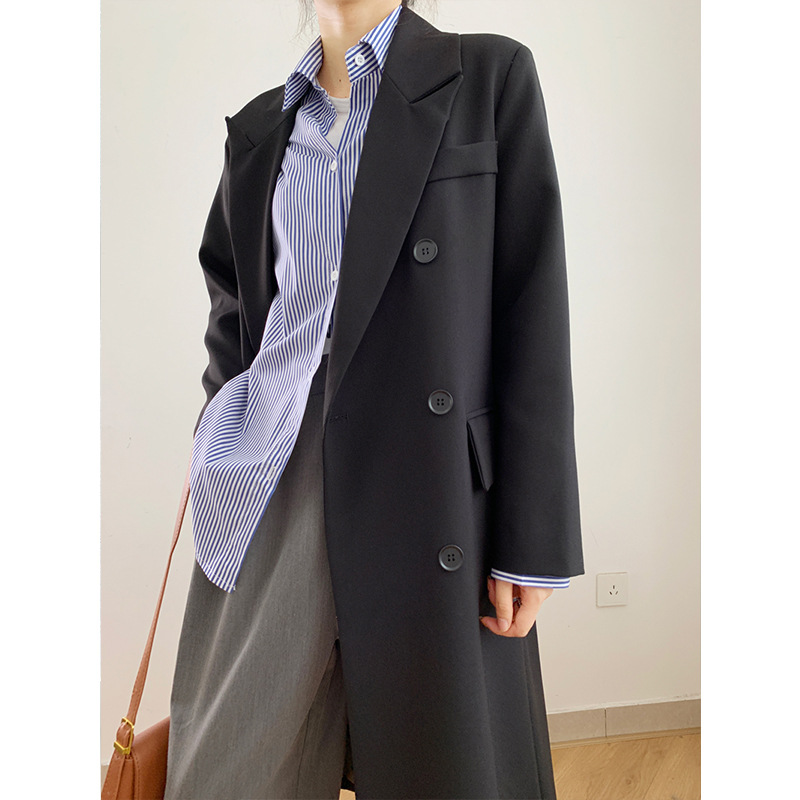 Actual shot ~ 2024 early spring solid color suit mid-length double-breasted high-end loose casual Korean style top