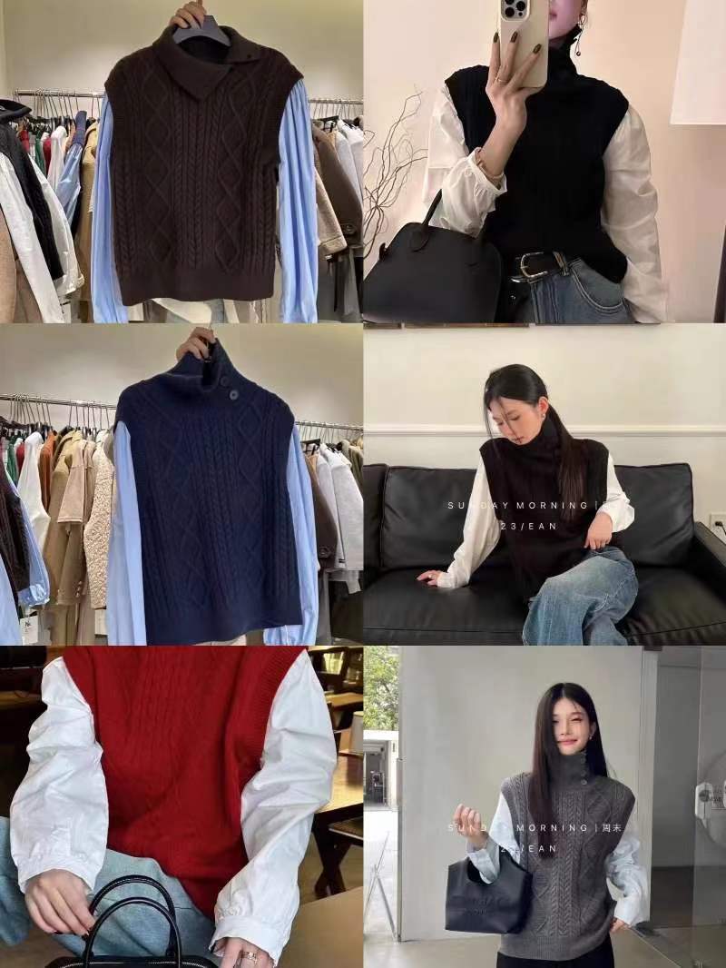 Thirteen Lines Women's Autumn and Winter New Versatile Age-Reducing High Collar Spliced ​​Shirt Long Sleeve Fashion Loose Knitted Sweater