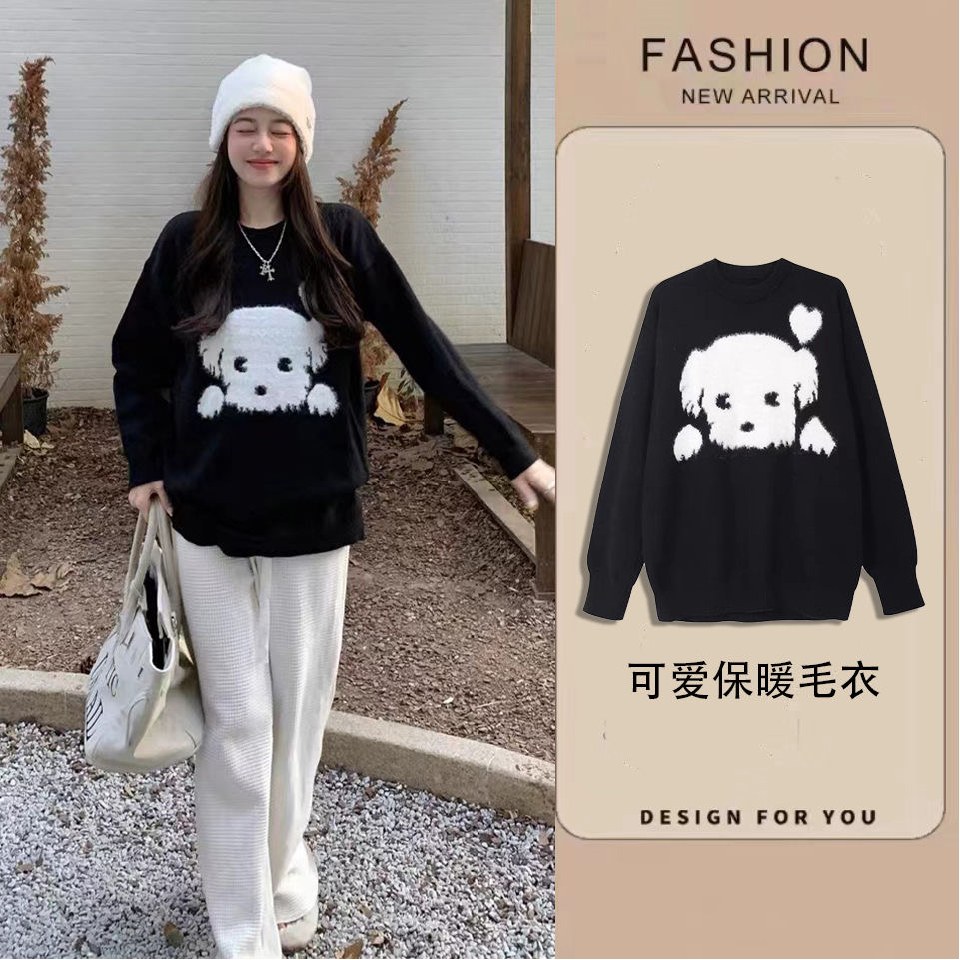 新款圓領黑色小狗圖案套頭針織衫小個子毛衣女秋冬季