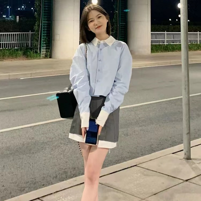 Sweet style suit for women 2024 spring new design small long-sleeved shirt top and skirt two-piece set