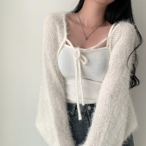 Korean chic spring gentle and lazy imitation mink fur shawl jacket design lace-up long-sleeved cardigan for women