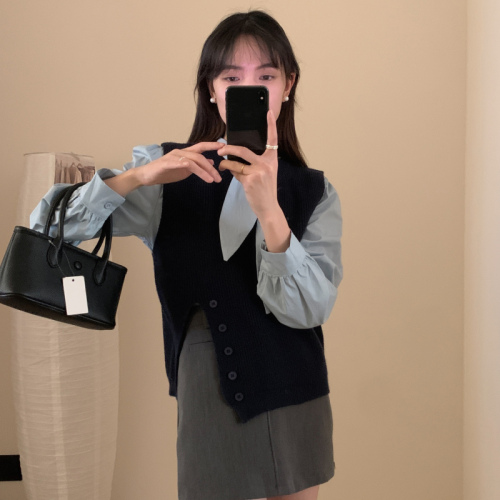 Actual shot of Korean style bow shirt + slit vest two-piece set