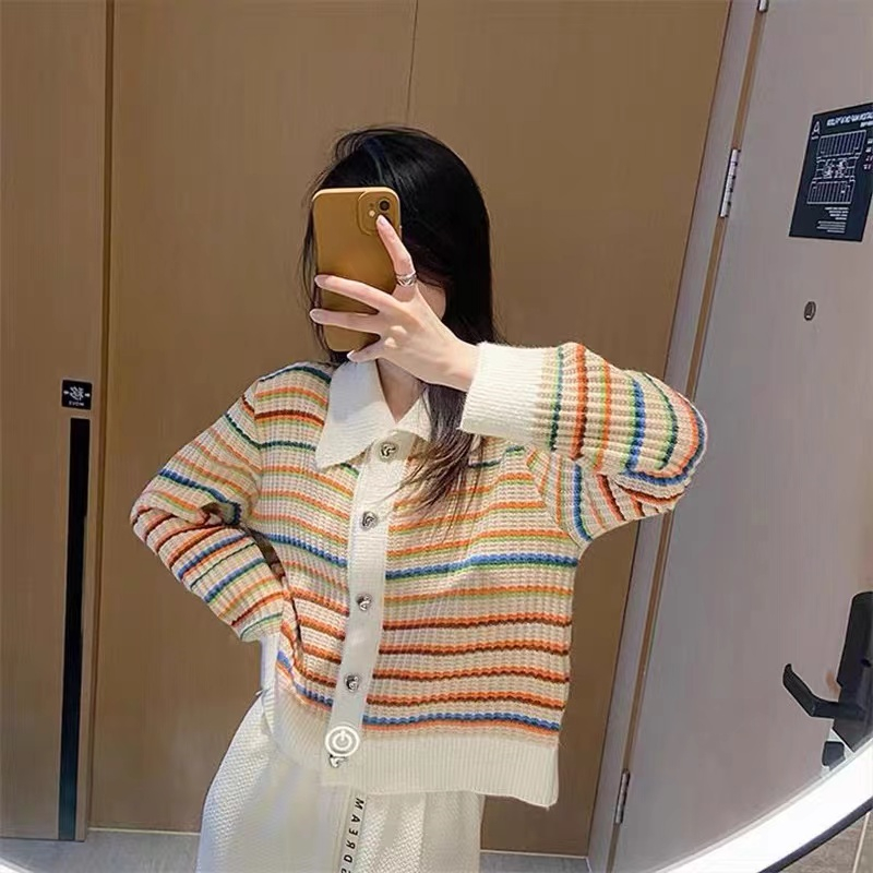 Sweet colorful striped sweater 2024 autumn and winter design niche love button cardigan lapel chic top