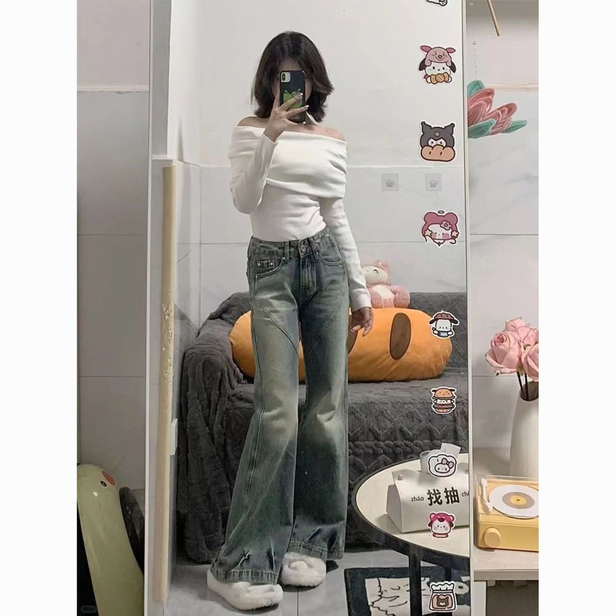 復古藍做舊寬鬆直筒牛仔褲女秋冬新款水洗拼接設計垂感拖地闊腿褲