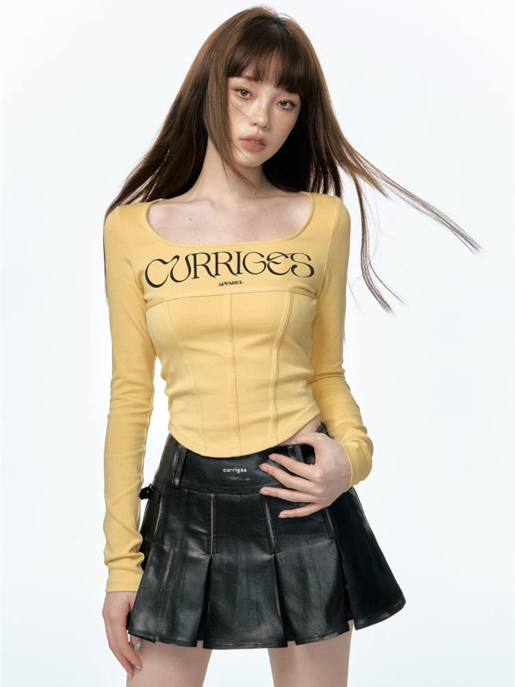 Curriges summer and spring American retro round neck slim slim long-sleeved tops versatile bottoming shirt T-shirt for women