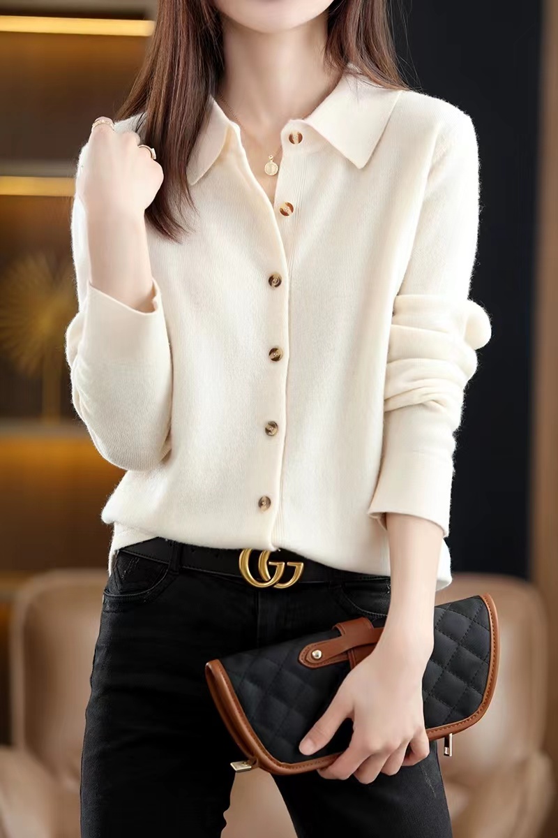 Autumn new style stand-up collar cashmere knitted cardigan women's POLO shirt collar loose wool sweater foreign style outer top