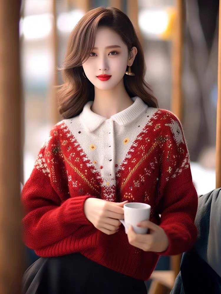 高級感超好看重工本命年過年衣服紅色毛衣女秋冬季新款小個子