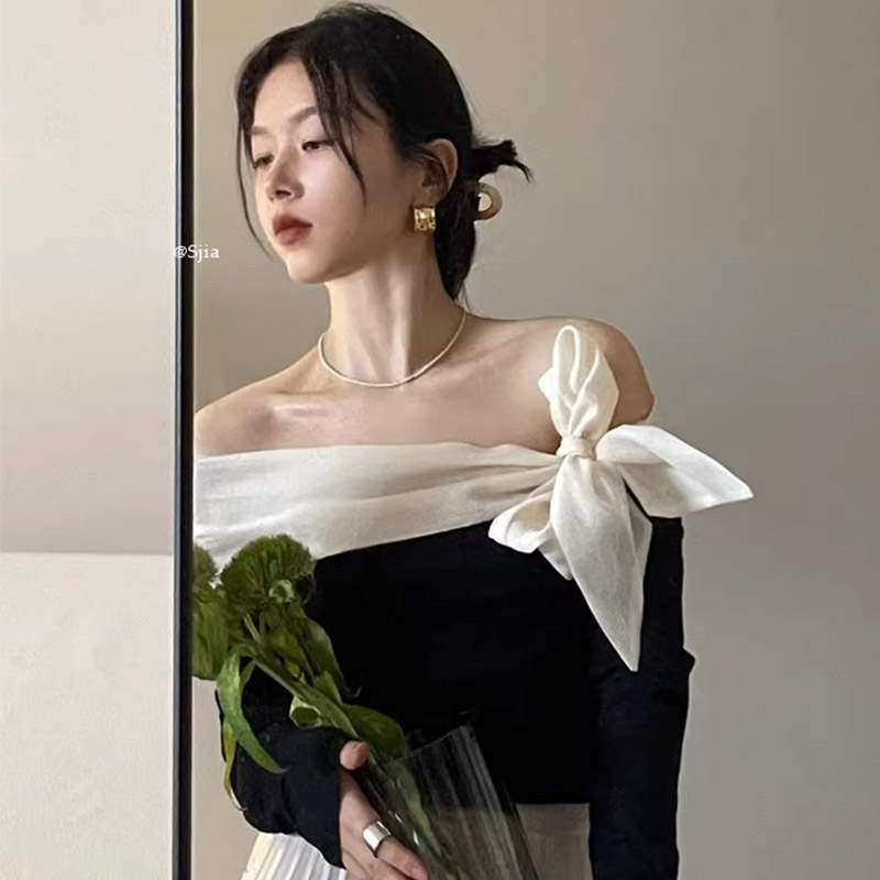 French pure lust hottie one-shoulder inner wear for women 2024 spring and autumn long-sleeved T-shirt off-shoulder bottoming shirt top