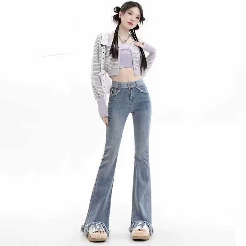 高腰牛仔微喇褲女2024新款百搭彈力顯瘦復古拖地喇叭長褲