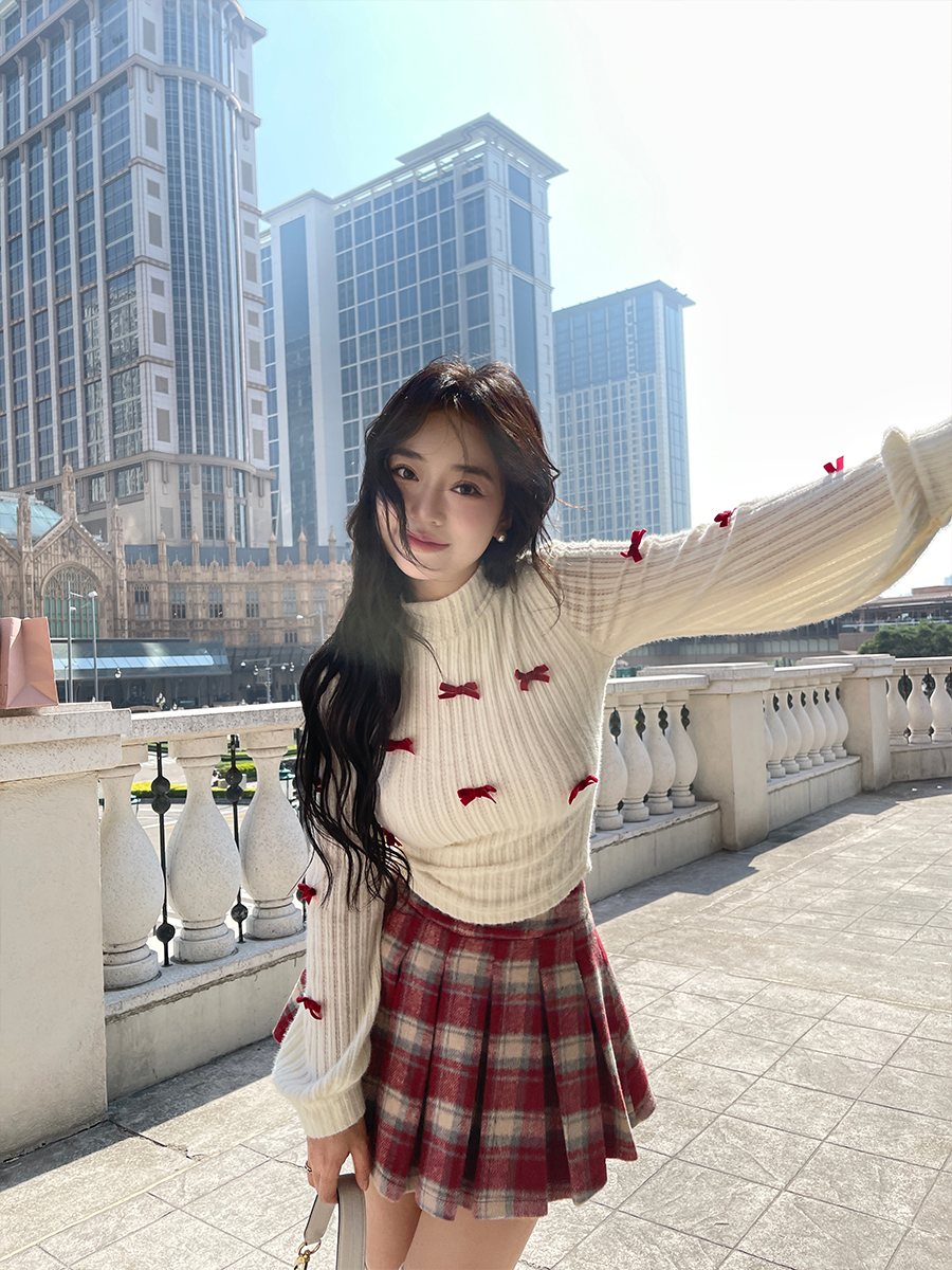 Meat dress small cherry milky grapes slightly fat and comfortable soft waxy bow high neck lantern sleeve slim top for women