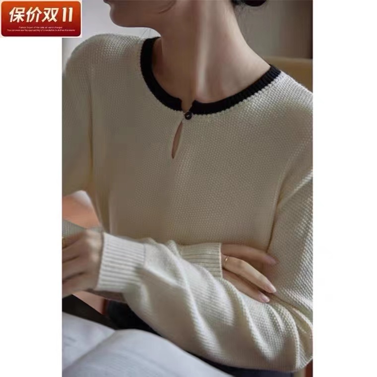 簡約通勤薄款拼色針織衫女裝春季新款長袖顯瘦設計感毛衣